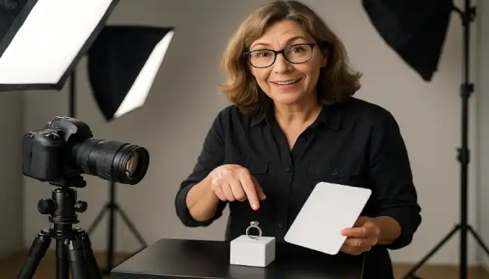 An experienced female photographer demonstrates close-up jewelry photography tips in a studio, pointing to a ring setup with professional lighting and camera gear.