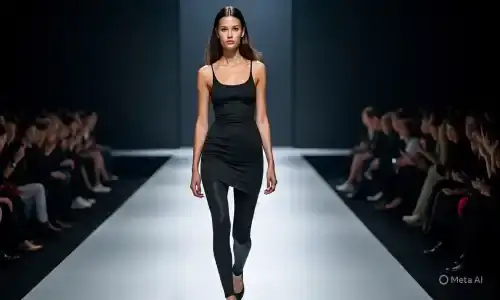 A confident model on a dark runway in a black outfit, showcasing a powerful Instagram pose.