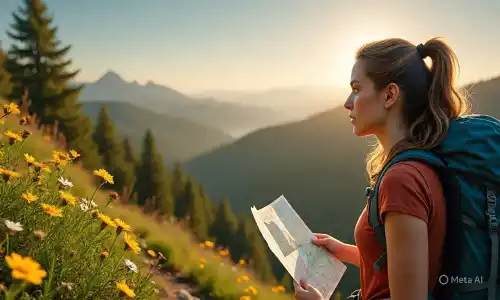A female hiker, holding a map, gazes over a mountain valley at sunset, with yellow wildflowers in the foreground instagram beach photography poses for female.