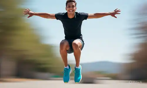 A smiling young man in athletic wear is captured mid air with his arms outstretched and knees bent against a blurred outdoor background. The image has a motion blur effect instagram