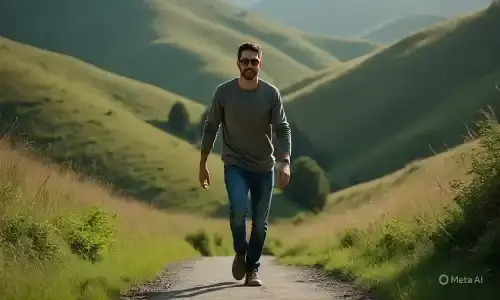 A stylish man confidently walking on a scenic mountain path, wearing sunglasses, jeans, and a casual sweater—perfectly showcasing natural outdoor instagram poses for guys with relaxed movement and rugged charm.