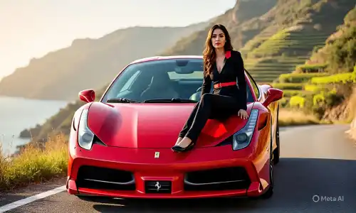 Woman in sleek black outfit sitting on red Ferrari, showing confident posture, one of the best fitness poses for Instagram.