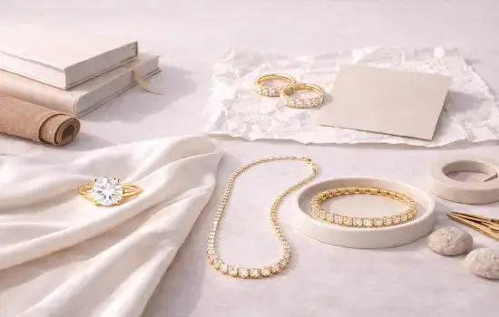 diy jewelry photography props featuring gold necklace ring bracelet and earrings using books fabric paper and ceramic dish