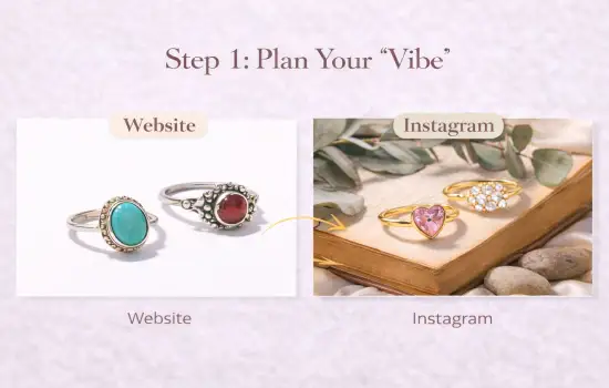 how to photograph jewelry by planning mood and choosing photography props for website and instagram styles