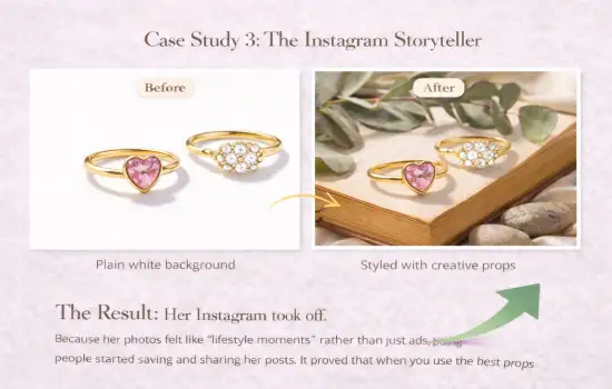 before and after jewelry photography showing creative props like books leaves and stones boosting instagram engagement