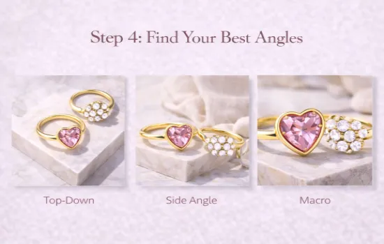 jewelry photography showing top down side angle and macro shots using photography props for jewelry