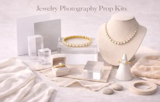 jewelry photography prop kits showing acrylic blocks jewelry stands fabrics and gold jewelry in close-up view