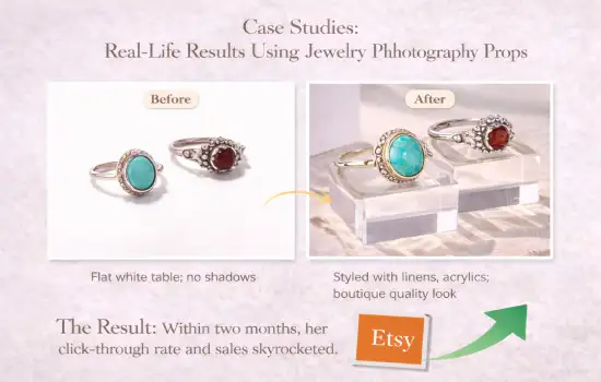 before and after comparison showing jewelry photography props improving product presentation and sales
