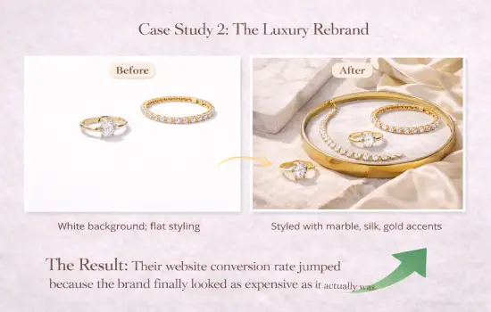 before and after luxury jewelry photography showing marble silk and gold props increasing perceived value