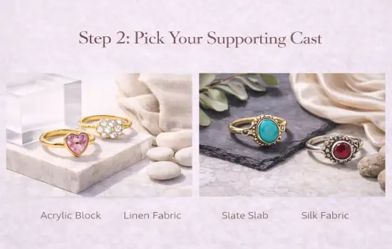 photography props for jewelry including acrylic block slate and silk supporting the main jewelry piece