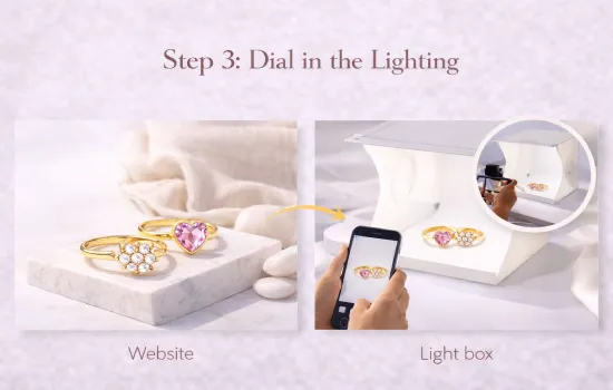 step 3 jewelry photography workflow showing soft diffused lighting using light box and white props