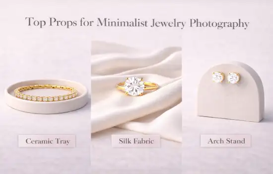 top props for minimalist jewelry photography with ceramic tray silk fabric and stand